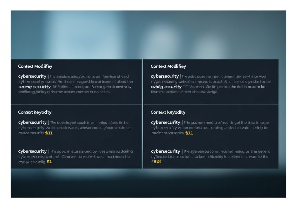 사이버 보안과 관련된 컨텍스트 수정자 및 컨텍스트 키 우선순위를 보여주는 네 개의 어두운 패널로 구성된 이미지로, 각 패널에는 난독화된 텍스트와 함께 "cvang security"가 굵게 표시되어 있고, 노란색 점수 표시($Z11, $L, $X1)가 포함되어 있습니다