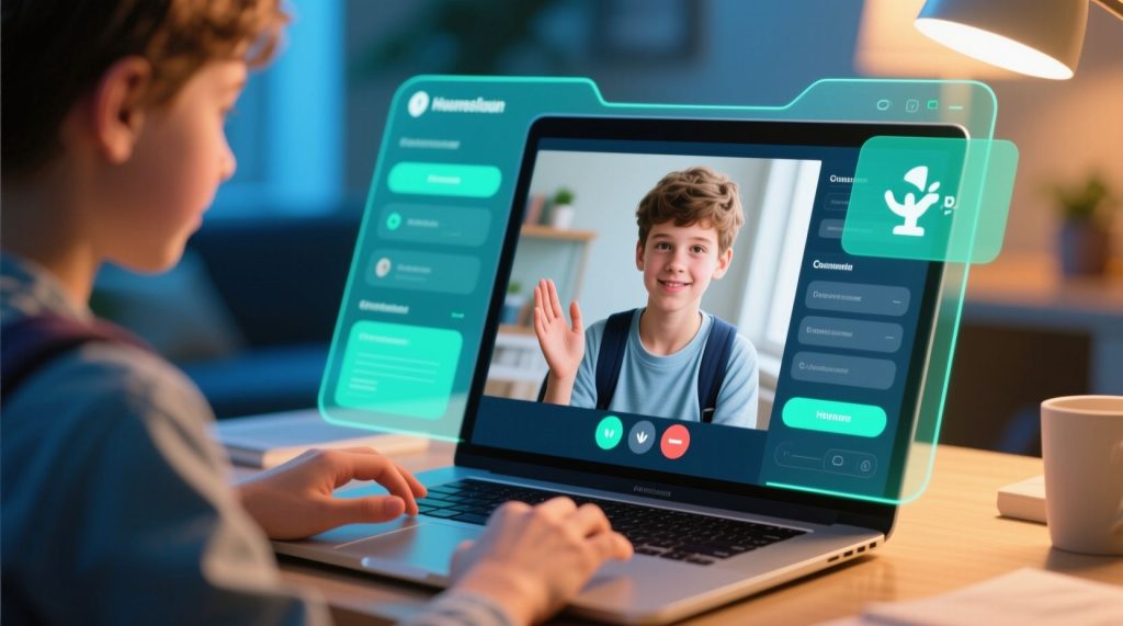 학생이 노트북으로 다른 학생과 화상 통화를 하며 온라인 학습 커뮤니티 플랫폼을 사용하는 장면