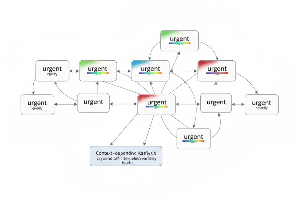 "urgent"라는 단어를 중심으로 한 컨텍스트 종속 분석 네트워크 다이어그램으로, 긴급성(urgcity), 강도(intey), 심각도(sevεity)와 같은 다양한 의미적 변형이 화살표로 연결되어 있으며, 중앙에는 무지개색 막대가 있고, 하단에는 "원치 않는 해석 가변성 편향"이라는 텍스트 상자가 있습니다