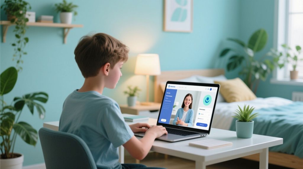 학생이 노트북으로 온라인 학습 플랫폼을 통해 선생님과 화상 수업을 하고 있는 모습