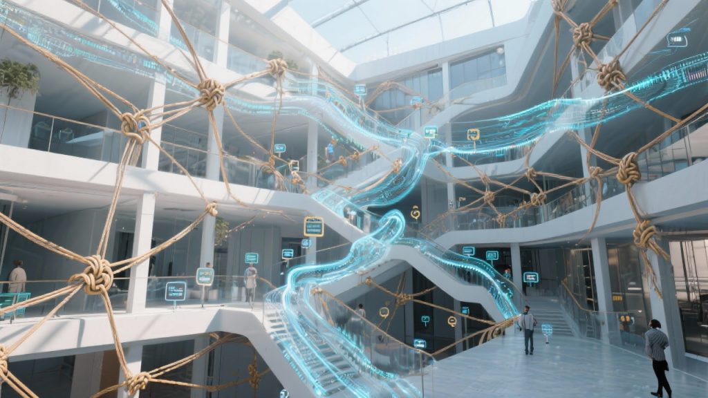 주황색과 빨간색 배경에 정의의 저울 위에 놓인 여러 겹의 형형색색 말풍선과 윙크하는 이모티콘이 있는 AI 윤리와 균형 개념 3D 일러스트