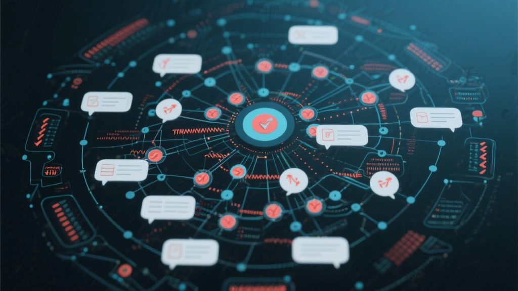 균형 잡힌 저울 위에 그라데이션 채팅 말풍선과 웃는 이모티콘이 있는 기술 윤리와 커뮤니케이션 개념 디지털 아트