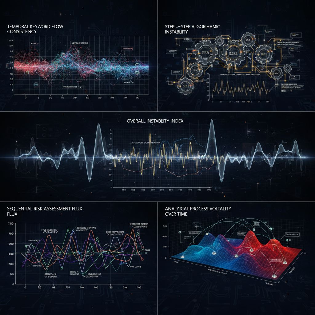 여러 패널에 복합 그래프와 진동 곡선이 촘촘히 배치되어 변화량의 흐름을 다층적으로 드러내는 구성의 장면