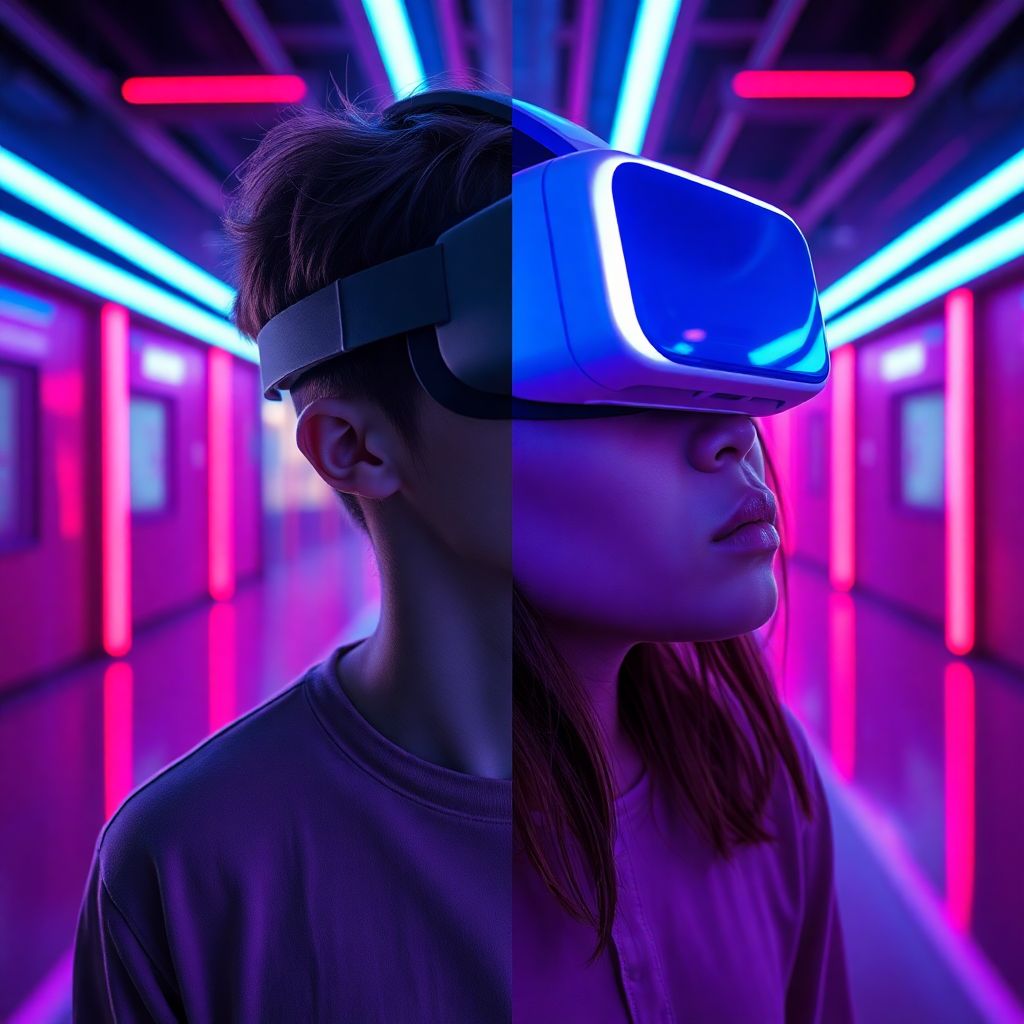 VR 헤드셋과 헤드폰을 착용하고 가상 학습 환경에 참여하는 두 명의 학생