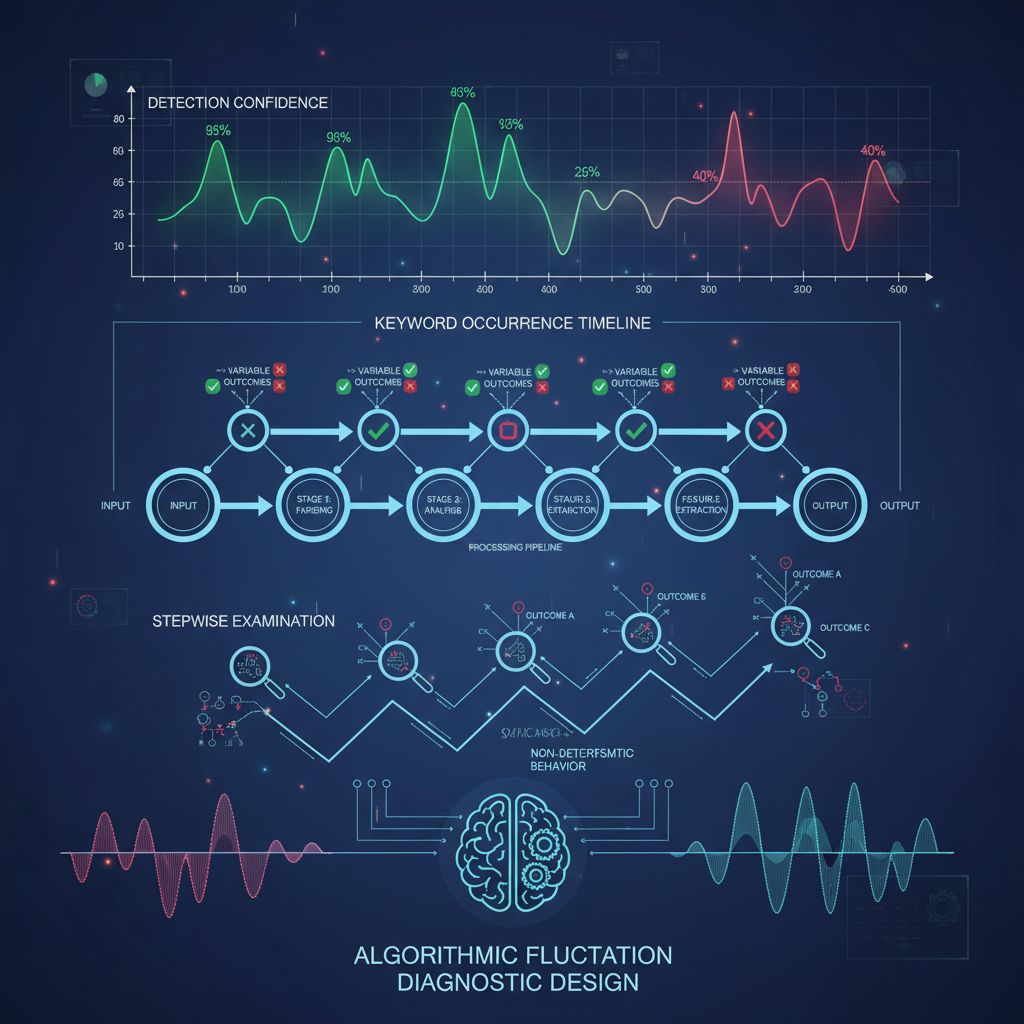 여러 단계의 흐름도와 파형 그래프가 한 화면에 겹쳐 배치되어 복잡한 분석 절차를 시각적으로 드러내는 구성의 모습