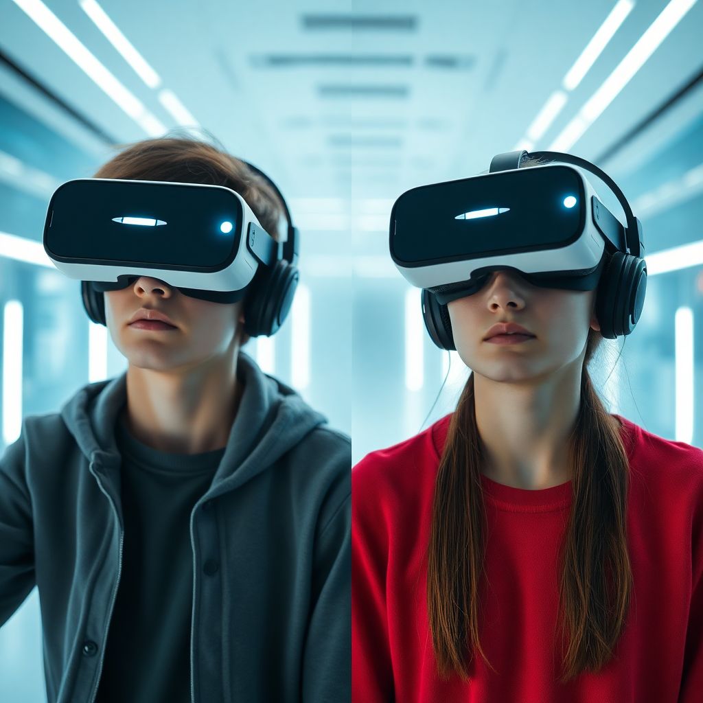 VR 헤드셋을 착용하고 가상 현실 환경에서 몰입형 학습 경험을 하는 청소년