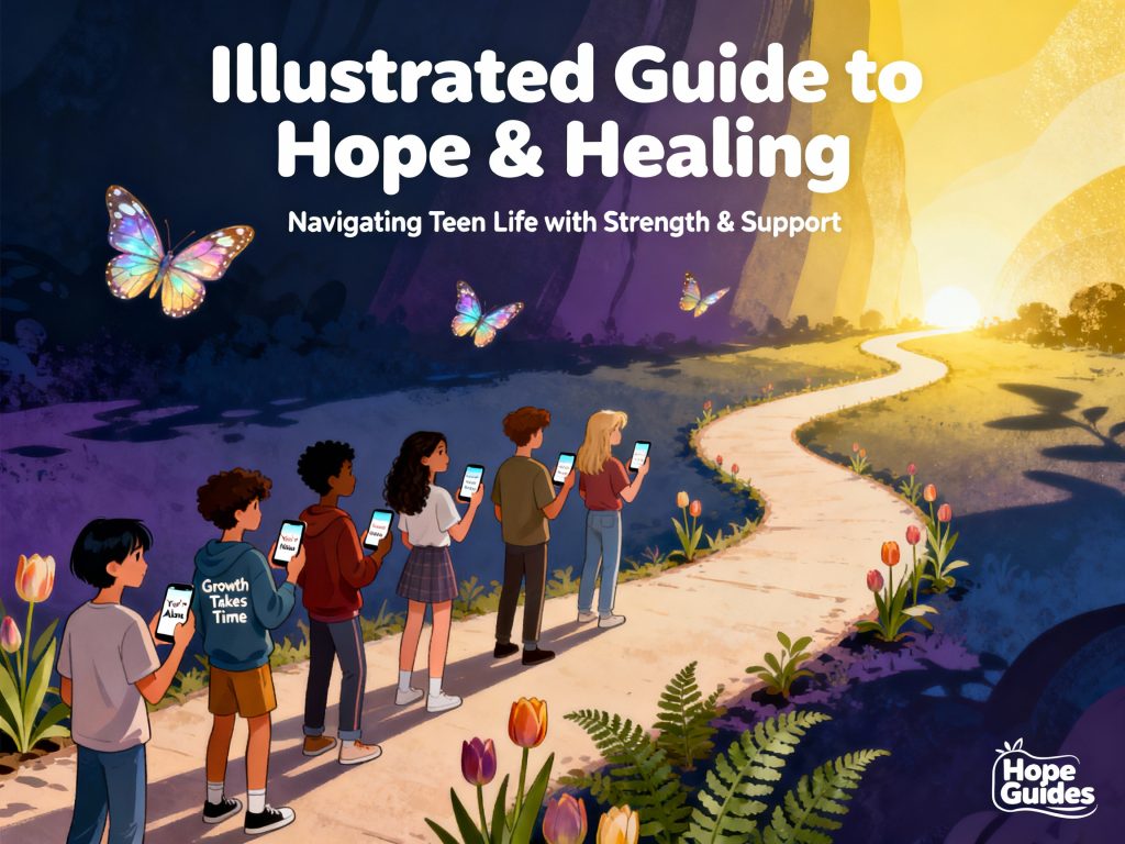 따스한 햇살 아래 나비가 날며 젊은이들이 길을 따라 걷는 희망의 여정이 펼쳐지는 장면