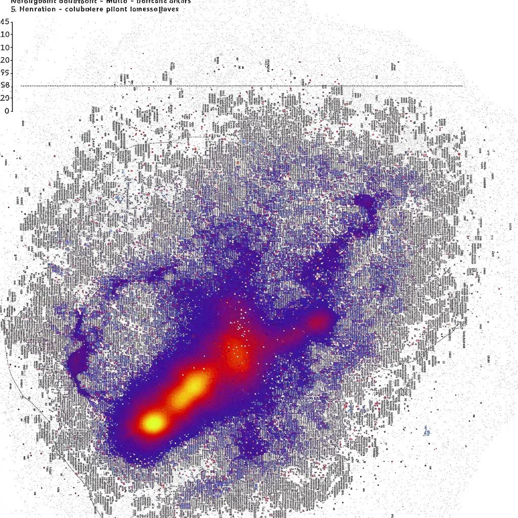 다중 생성 대조 분석을 보여주는 히트맵 산점도 시각화로, 중앙에 짙은 노란색-주황색 핫스팟이 있고 보라색-파란색으로 퍼져나가며 흰색 배경에 회색 데이터 포인트가 흩어져 있고, 상단과 하단에 축 레이블과 격자선이 있습니다