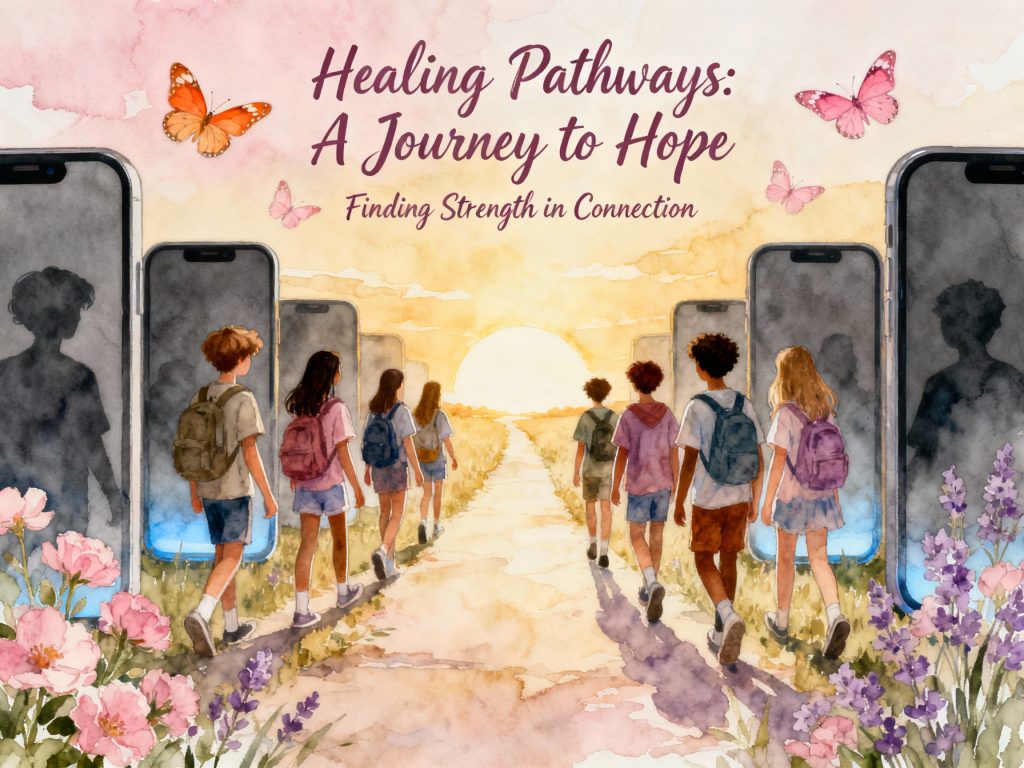 스마트폰 화면을 지나 햇살 가득한 길로 향하는 청소년들의 연결과 성장의 인상