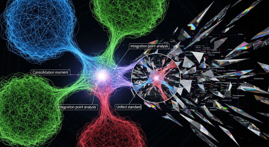 왼쪽에는 파란색, 녹색, 빨간색 와이어프레임 클러스터가 통합 순간 및 통합 지점 분석으로 레이블이 지정되어 있고, 오른쪽에는 무지개색 프리즘 파편이 흩어져 있으며 중앙의 분홍색 폭발 코어를 확대한 원형 인셋이 통합 표준을 나타내는 데이터 통합 시각화