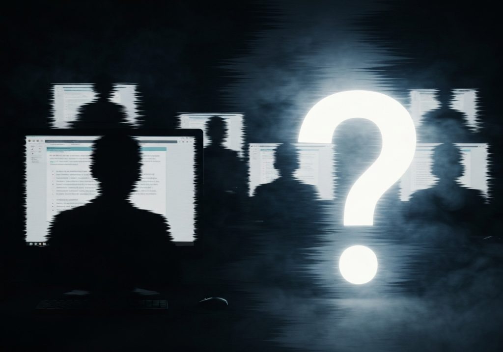 물음표와 디지털 화면 앞의 실루엣으로 표현된 온라인 안전 및 디지털 리터러시 개념 이미지