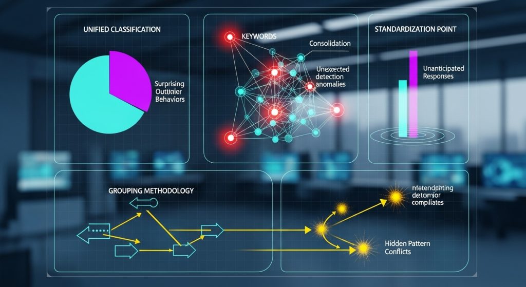 네 개의 패널로 구성된 대시보드로, 왼쪽 상단에는 청록색과 보라색으로 이루어진 통합 분류 원형 차트(놀라운 이상값 행동)가, 중앙 상단에는 키워드 네트워크 그래프(통합, 예상치 못한 탐지 이상 징후)가, 오른쪽 상단에는 예상치 못한 응답을 보여주는 표준화 지점 막대 차트가, 하단에는 숨겨진 패턴 충돌 및 의도하는 행동 컴파일로 이어지는 청록색 및 노란색 화살표가 있는 그룹화 방법론 순서도가 있습니다