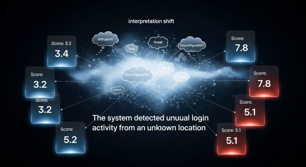중앙의 문구를 둘러싼 점군과 선망이 여러 해석 가능성을 퍼뜨리며 좌우 점수 패널과 함께 상황의 변동성을 드러내는 장면