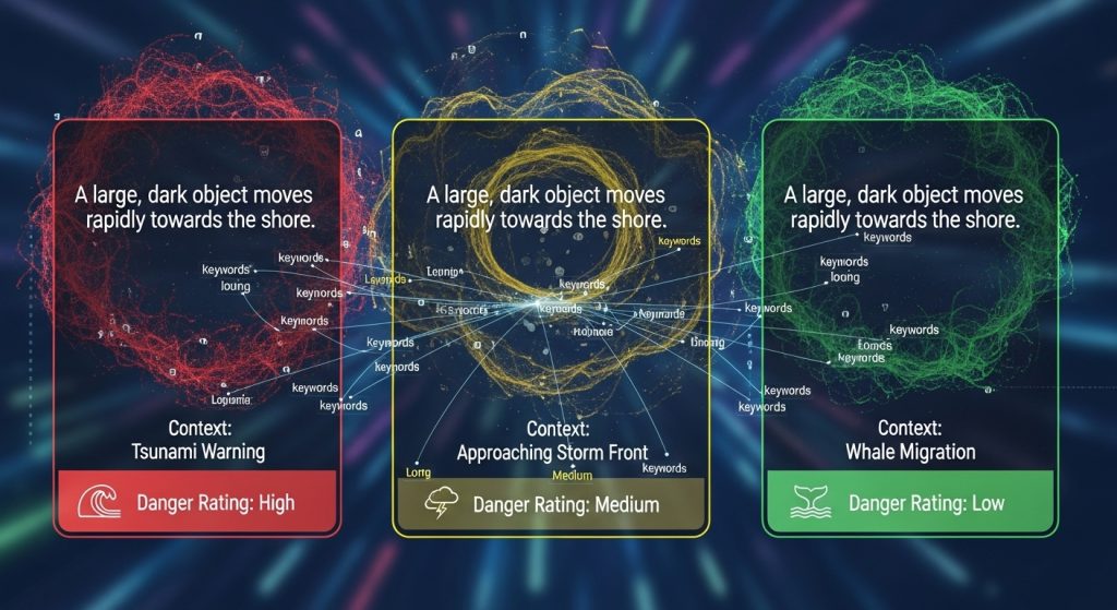 붉은색‧노란색‧초록색의 시각 흐름이 위험도 차이를 드러내며 중심 문구를 다층적으로 둘러싼 분석적 모습