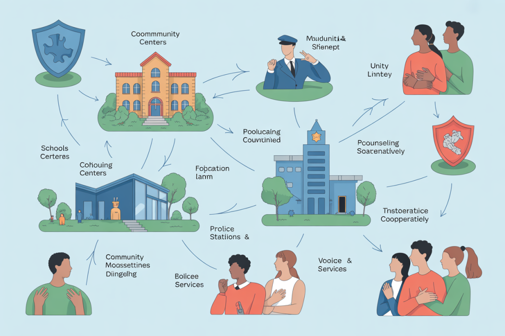 커뮤니티 센터, 학교, 경찰서, 상담 서비스 등 다양한 청소년 지원 자원과 서비스를 보여주는 네트워크 다이어그램