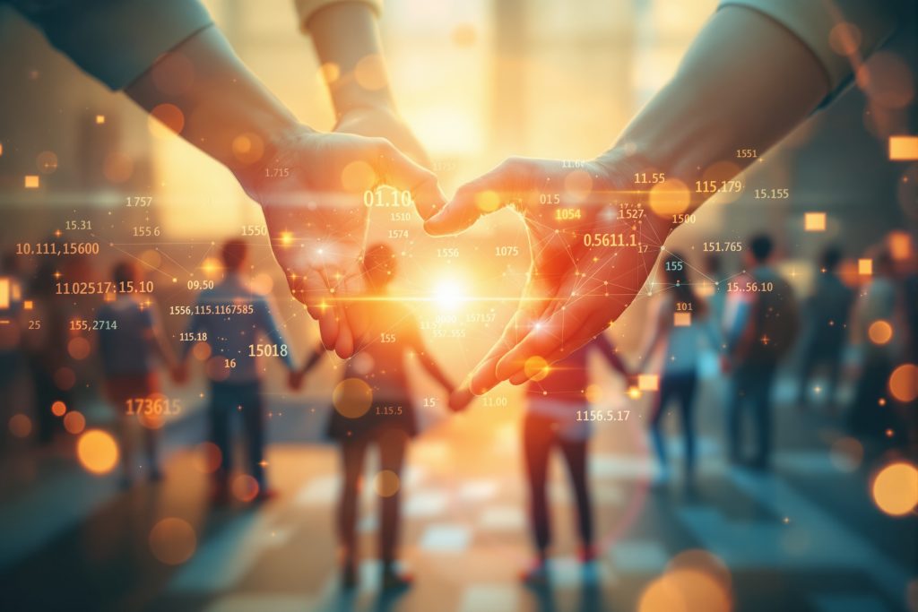 디지털 네트워크 오버레이와 함께 따뜻한 빛 속에서 손을 맞잡고 하트 모양을 만드는 비즈니스 파트너십과 협력 개념 이미지