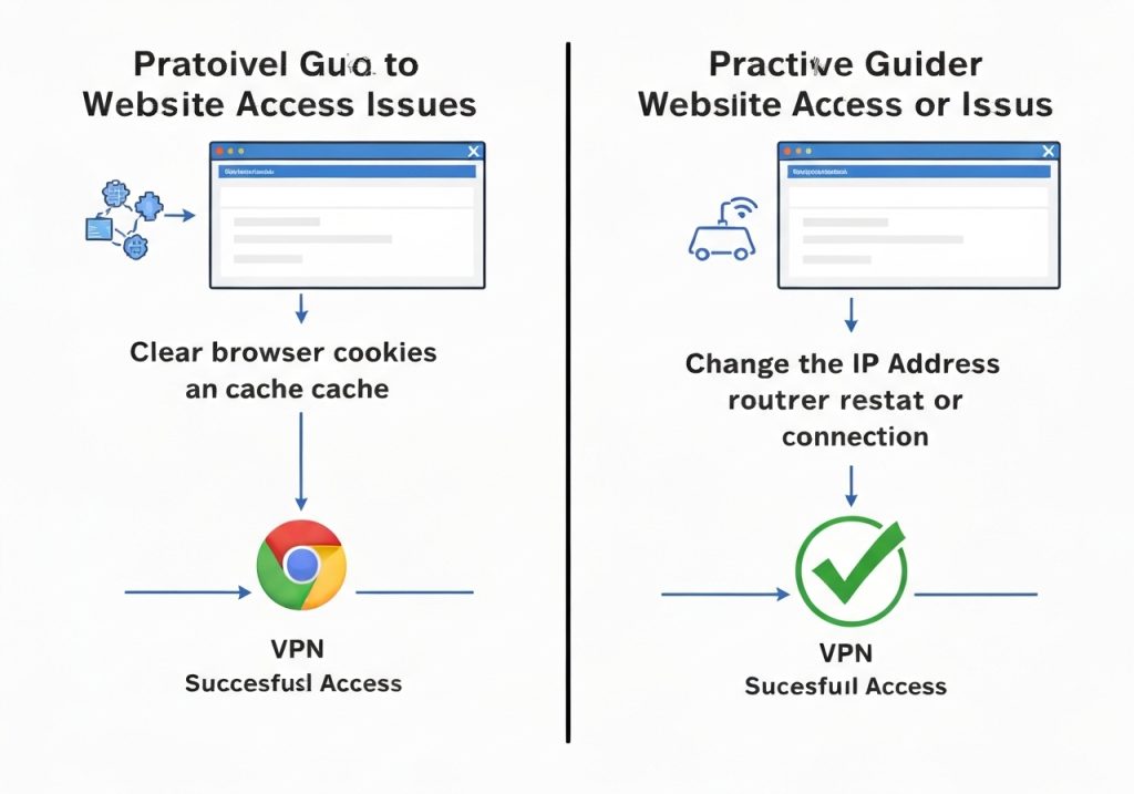 웹사이트 접속 문제 해결 가이드 비교 - 왼쪽은 브라우저 쿠키 및 캐시 삭제 방법, 오른쪽은 IP 주소 변경 및 라우터 재시작 방법, VPN 성공적 접속 표시