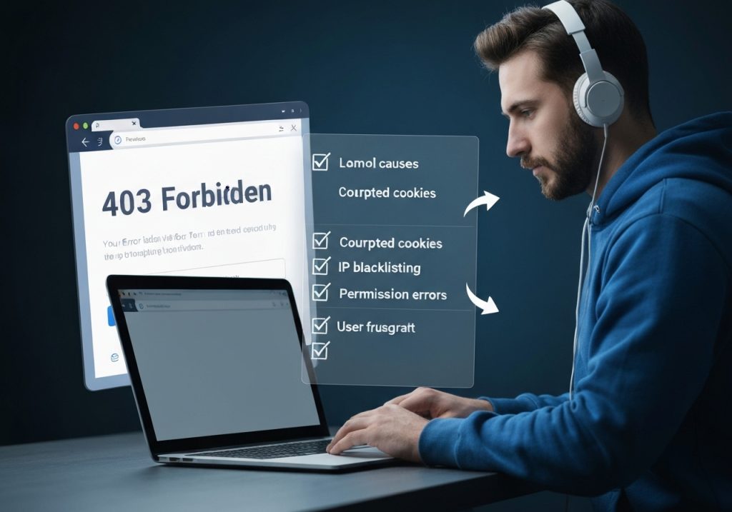 헤드폰을 쓴 남성이 노트북으로 403 Forbidden 오류 화면을 보고 있음, 손상된 쿠키, IP 블랙리스트, 권한 오류, 사용자 불만 등 주요 원인이 체크리스트로 표시됨