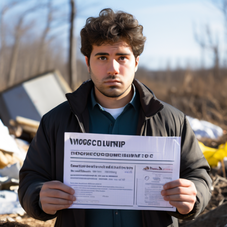 한 사람이 불법 투기 단속 통지서를 들고 걱정스러운 표정을 짓고 있는 모습이다.