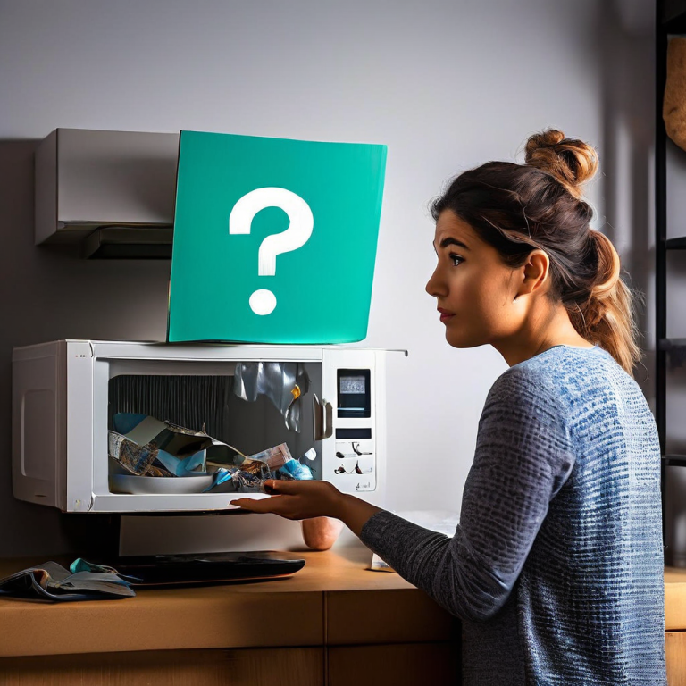 고장난 전자레인지를 바라보며 재활용 가이드북을 들고 머리 위에 큰 물음표가 떠 있는 당황한 사람의 모습이다.