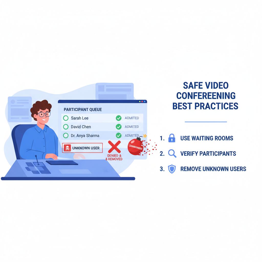 안전한 화상회의 모범 사례 일러스트 - 참가자 대기실 사용, 참가자 확인, 알 수 없는 사용자 제거의 3가지 보안 수칙이 표시된 참가자 대기열 화면