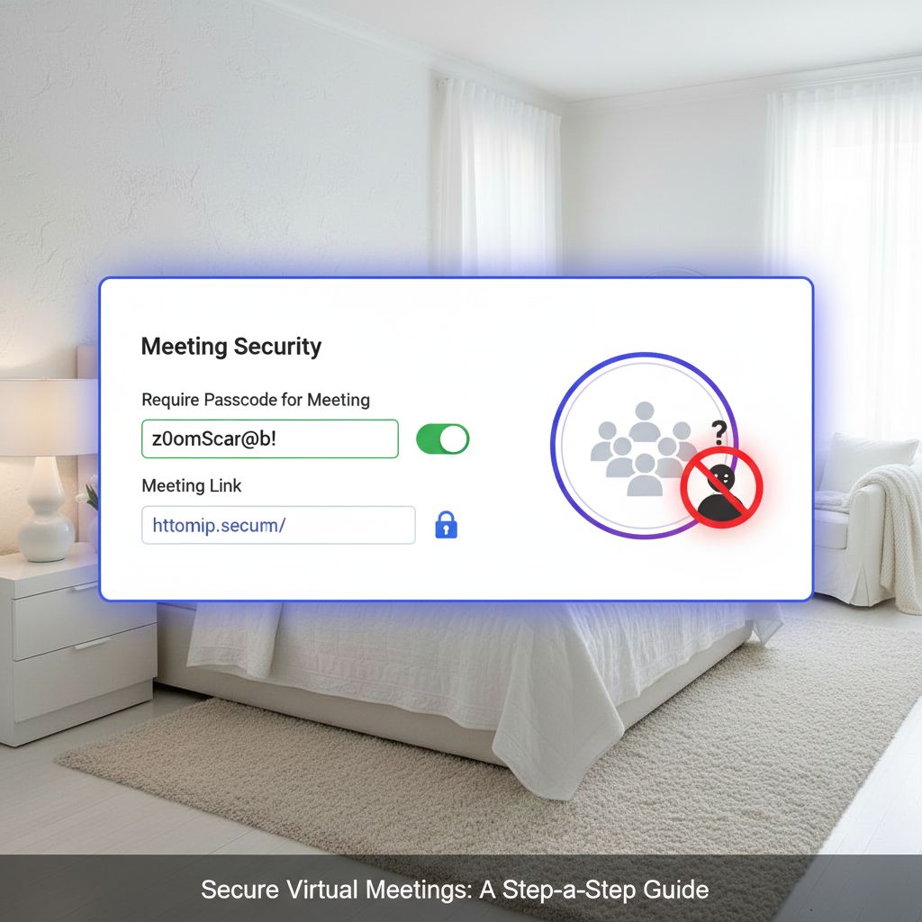 침실 배경에 표시된 회의 보안 설정 인터페이스 - 회의 암호 'z0omScar@b!' 필수 설정과 보안 회의 링크, 알 수 없는 사용자 차단 아이콘 포함