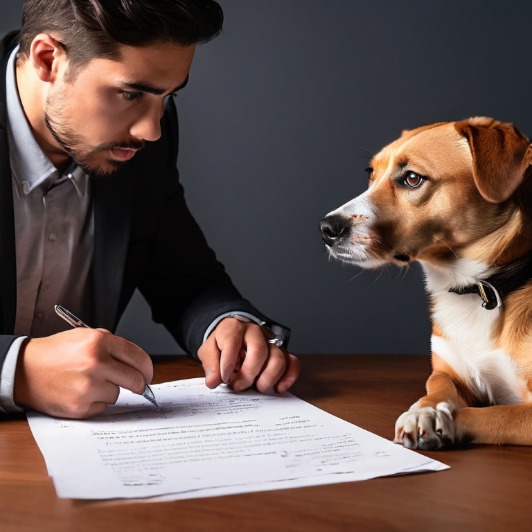 한 손에 개 물린 상처를 바라보며 걱정하는 사람과, 곁에 죄책감에 수그린 개가 서 있습니다. 배경에는 법률 문서와 물음표가 희미하게 떠 있습니다