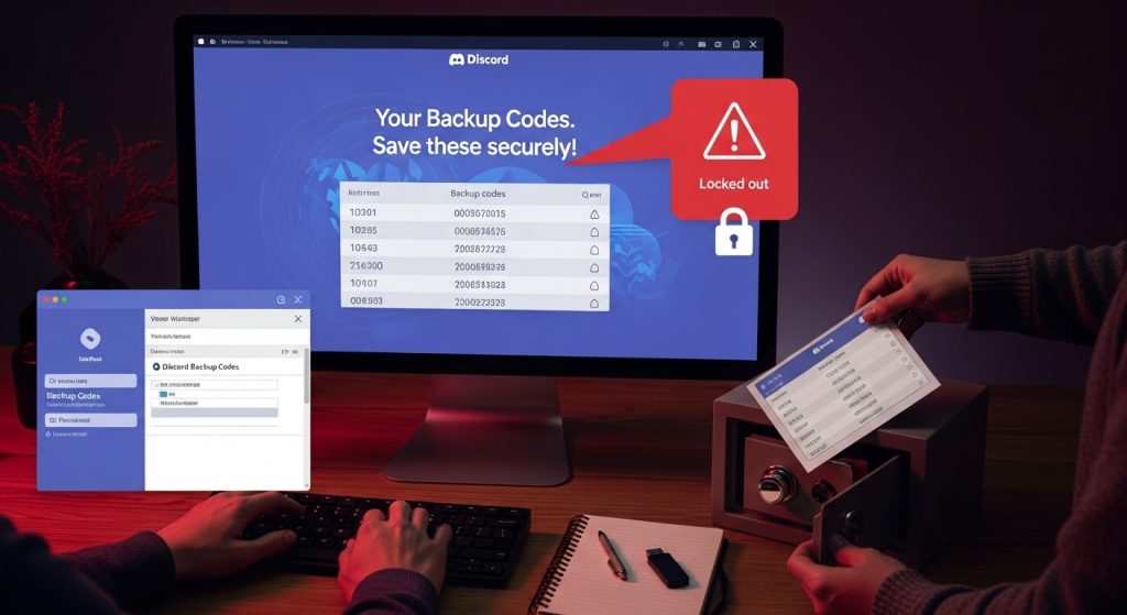 Discord 백업 코드 화면이 표시된 모니터, 손에 인쇄된 백업 코드 용지를 들고 있으며 'Locked out' 경고 메시지가 빨간색 알림으로 표시됨
