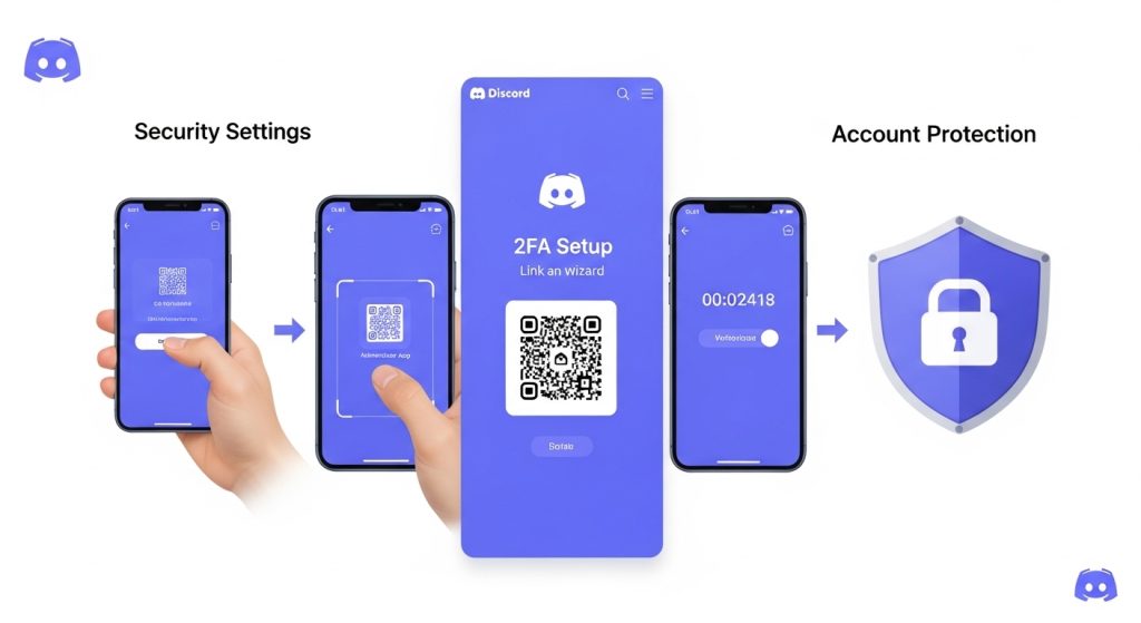 Discord 2단계 인증 설정 프로세스 - QR 코드 스캔, 인증 앱 추가, 타이머 코드 입력을 거쳐 계정 보호 완료까지의 단계별 스마트폰 화면 시퀀스