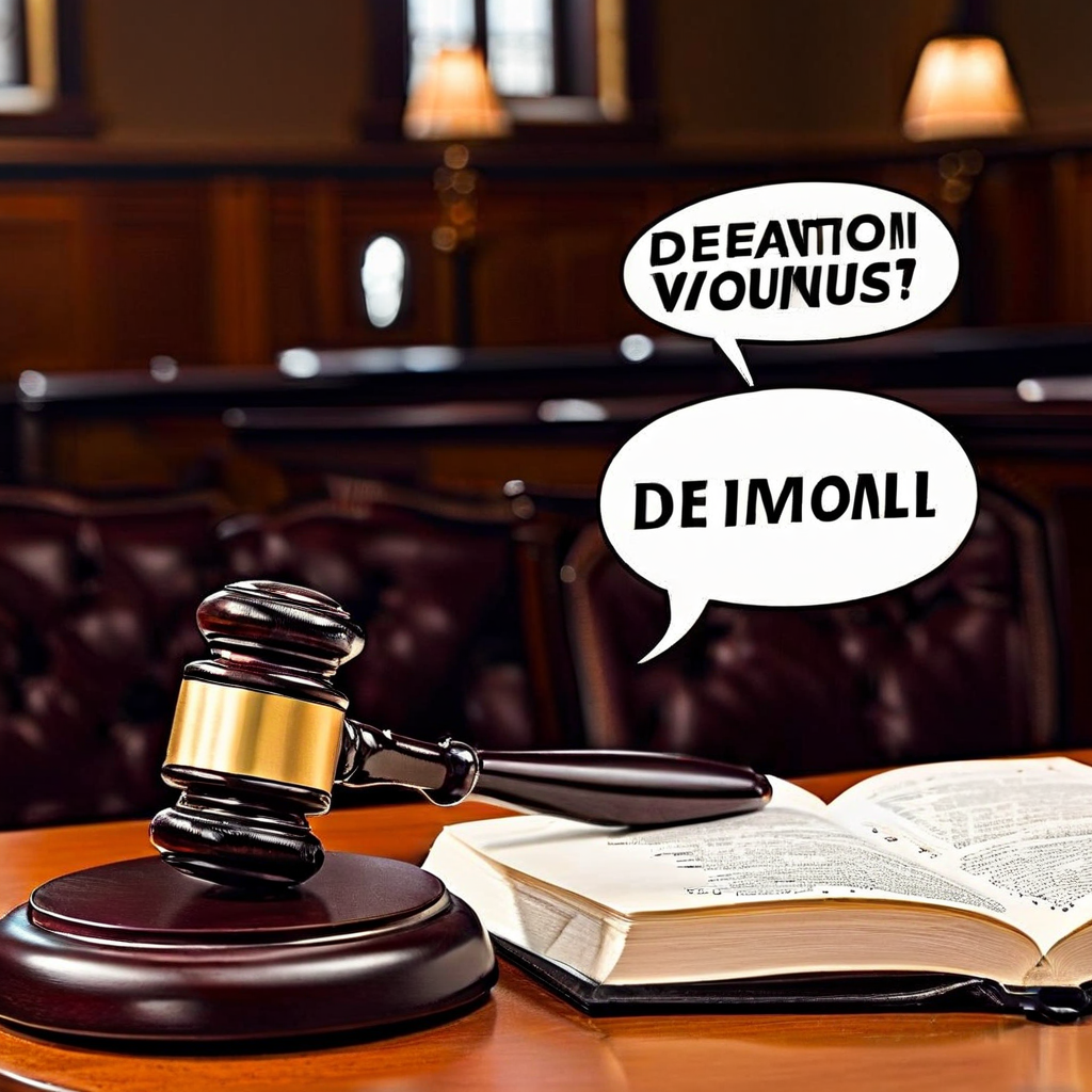 법률 서적 위에 놓인 법봉과 책 표지의 '명예훼손 대 모욕' 제목, 그리고 위쪽의 상충하는 말풍선이 시각적 대비를 이루고 있습니다.