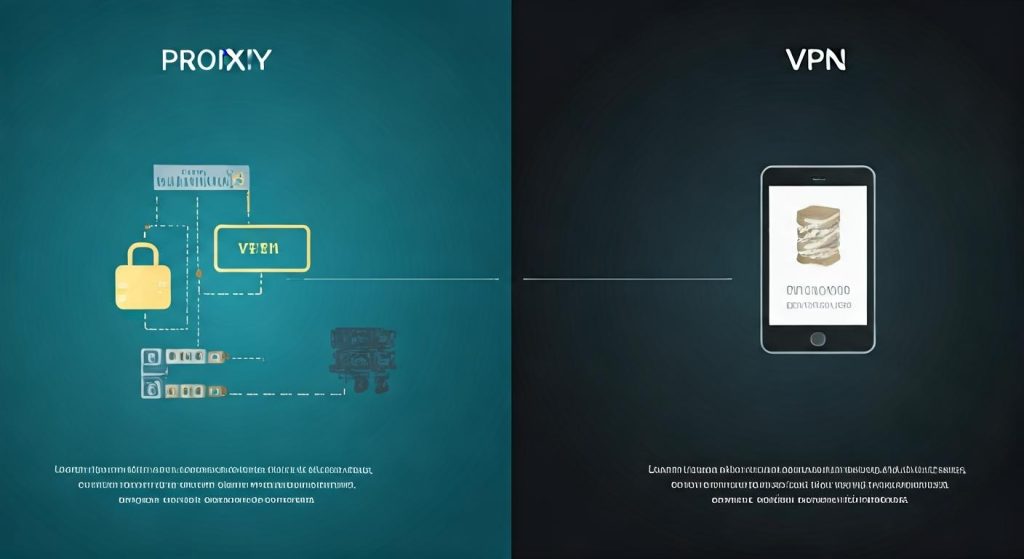프록시와 VPN 비교 다이어그램 - 왼쪽에는 프록시 서버 구조와 자물쇠 아이콘, 오른쪽에는 스마트폰의 암호화된 VPN 데이터베이스 표시