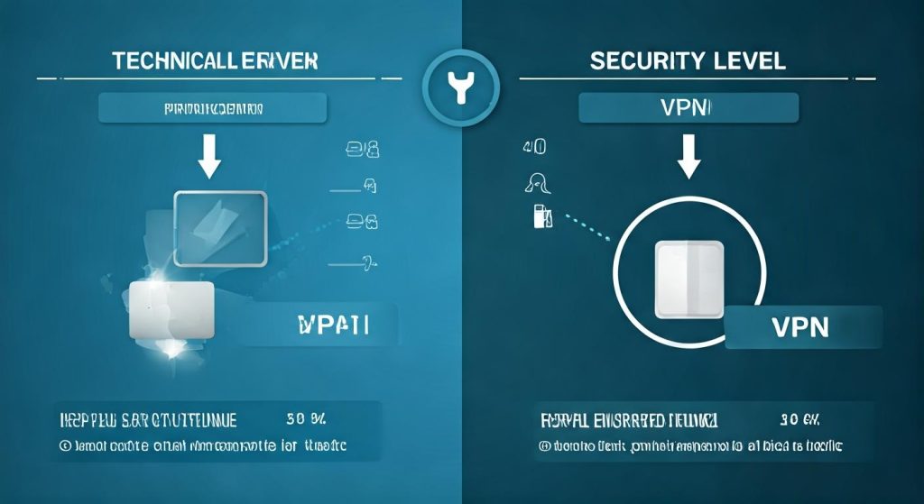 기술적 오류와 보안 수준 비교 인포그래픽 - 왼쪽은 우선순위에 따른 VPAII 수리 30%, 오른쪽은 완전 암호화된 터널 VPN 10% 표시