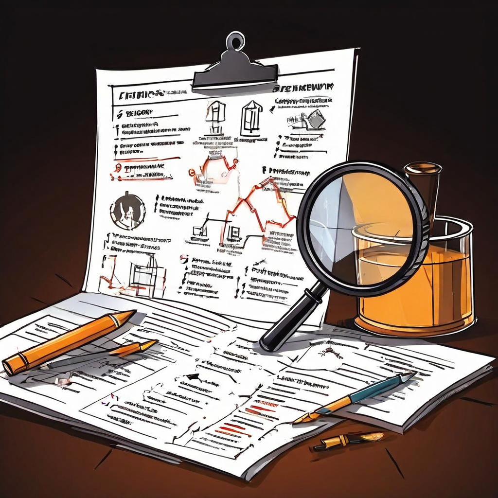 책상 위 조사 연구 장면 일러스트 - 다이어그램과 플로차트가 있는 클립보드, 여러 문서와 메모, 돋보기, 위스키 잔, 주황색 펜들이 놓여있는 탐정/분석 작업 환경.
