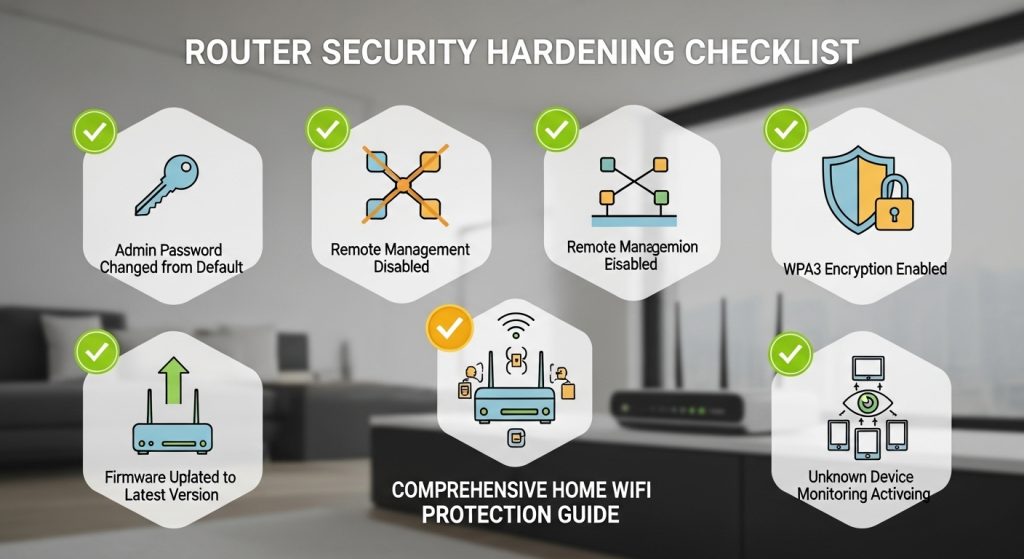 라우터 보안 강화 체크리스트 - 기본 관리자 비밀번호 변경, 원격 관리 비활성화, WPA3 암호화 활성화, 펌웨어 업데이트, 알 수 없는 장치 모니터링 등 7개 항목