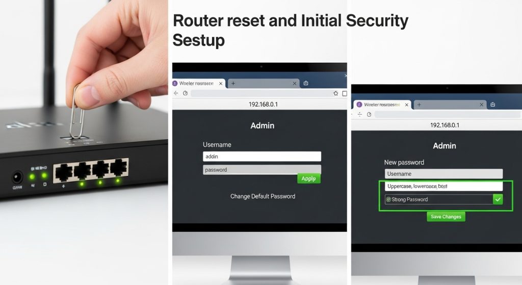 라우터 리셋 및 초기 보안 설정 가이드 - 클립으로 리셋 버튼 누르는 손, 192.168.0.1 관리자 로그인 화면, 강력한 새 비밀번호 설정 인터페이스