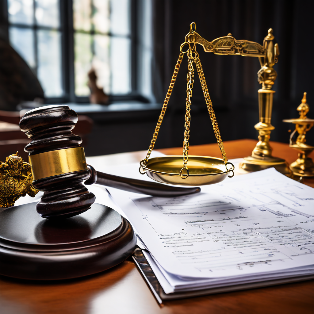 저울 한쪽엔 법봉이, 다른 쪽엔 쇠사슬에 묶인 동물이 올려져 있고 배경에는 법률 문서와 인과관계 도표가 놓여 있습니다.
