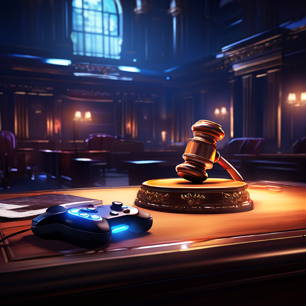 법정에서 판사의 소지품 위에 빛나는 게임 컨트롤러와 채팅 기록 증거가 놓여 있는 모습입니다.