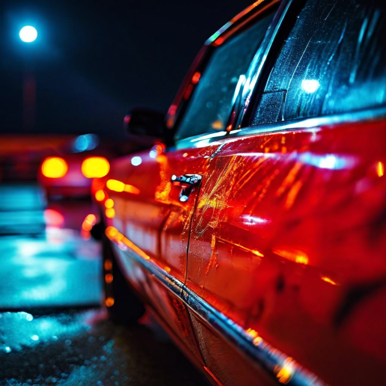 주차장의 형광등 아래에서 페인트가 긁힌 자국이 선명한 자동차의 찌그러진 문을 가까이서 찍은 사진이다.