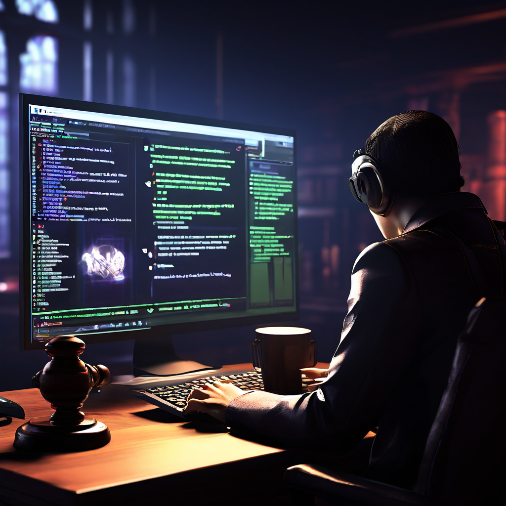 컴퓨터 화면의 유해한 게임 채팅을 바라보는 사람과 그 주변에 떠 있는 법망과 법률 서류가 어두운 분위기를 자아냅니다.