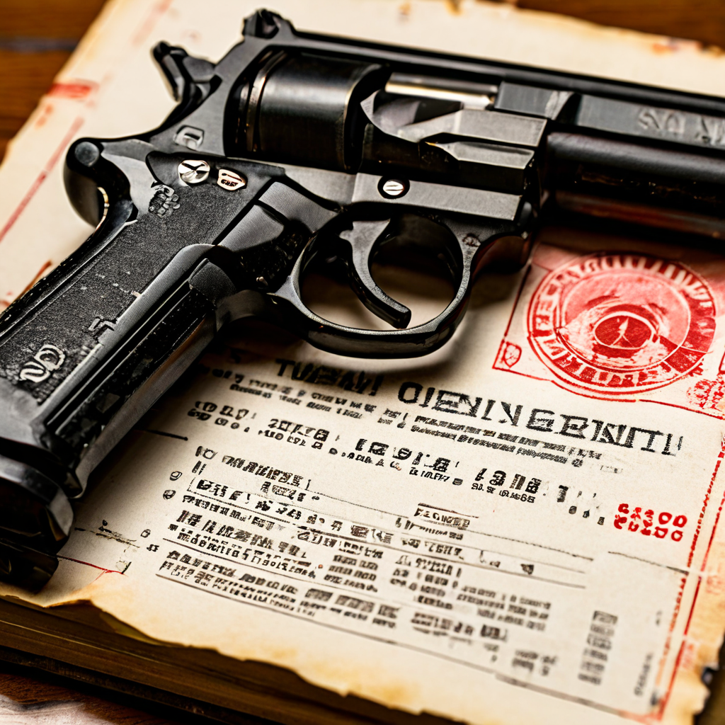 붉은 '거부' 도장이 찍힌 가스 권총 허가 문서와 잠긴 투명 케이스 속 무기가 나란히 놓인 모습이다.