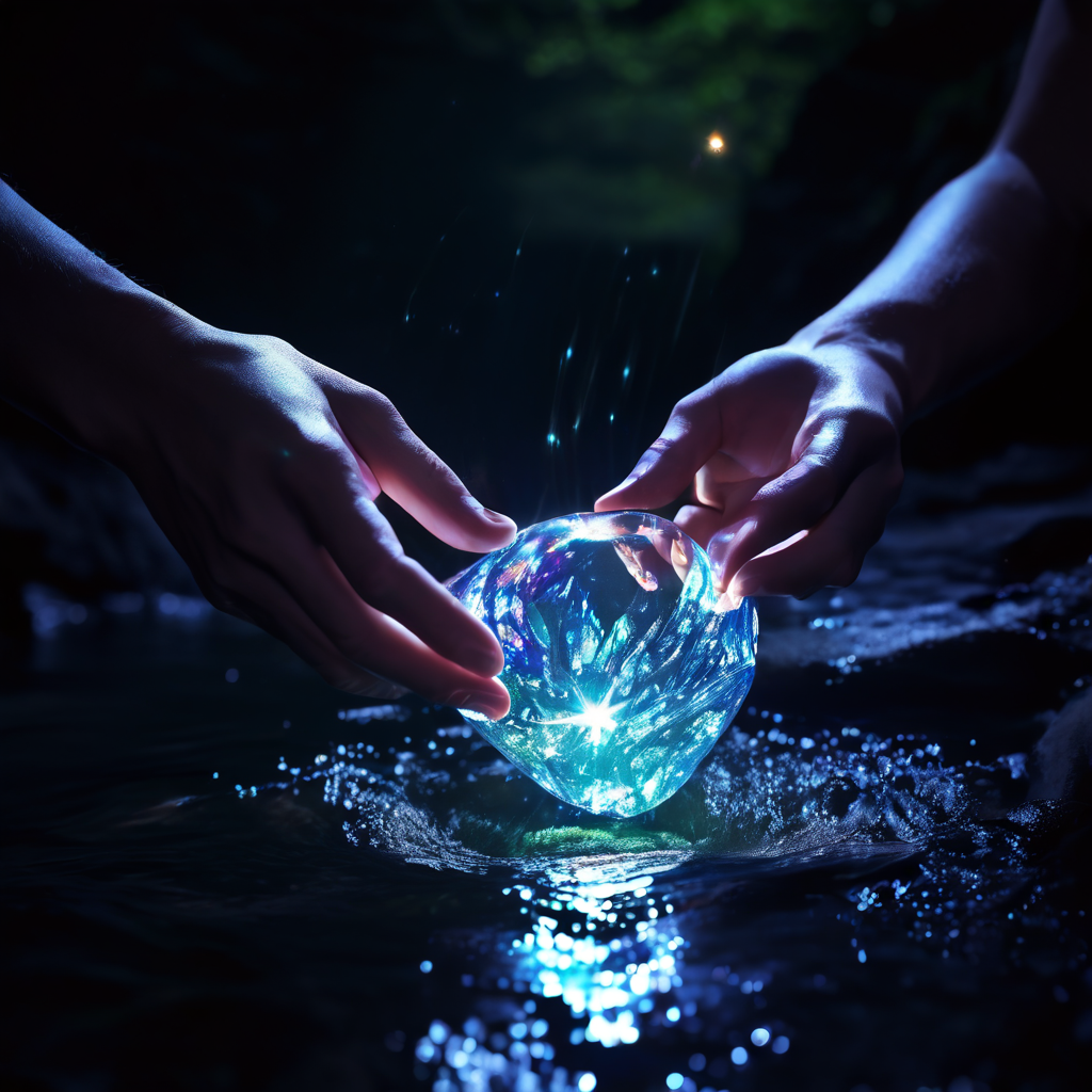 어둠 속을 흐르는 강 위로 빛나는 보석 같은 물체를 놓아주는 손이 영적 치유와 새로운 시작의 상징적 순간을 포착합니다.