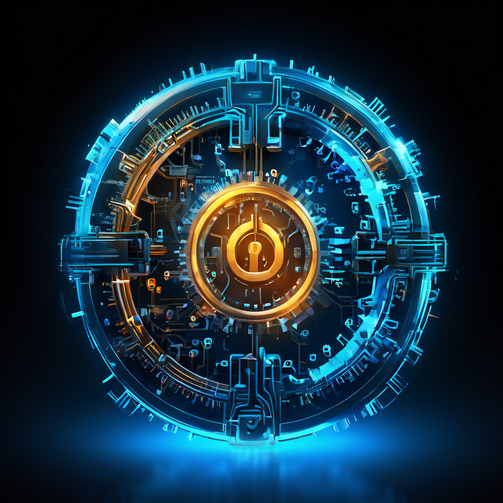 빛나는 회색 자물쇠 아이콘에서 톱니바퀴와 이진 코드가 흘러나오며, 한 번의 클릭으로 열리는 모습이다.