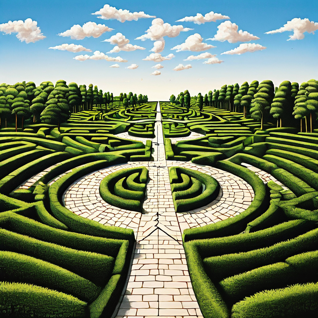 동일한 두 갈림길에서 복잡한 길을 가리키는 수많은 화살표와 단 하나의 정답을 알리는 단순한 길 화살표가 대비를 이루는 착시 이미지이다.