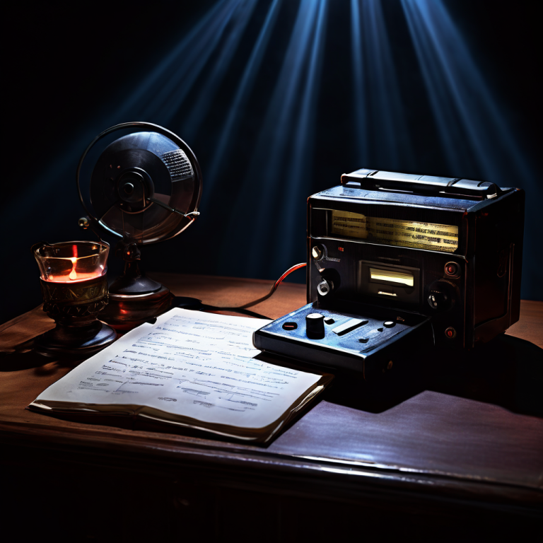 검은색 문서 배경 위에 올려진 빈티지 녹음기는 한쪽은 정의의 빛을 내고 다른 쪽은 범죄자의 그림자를 드리우고 있습니다.
