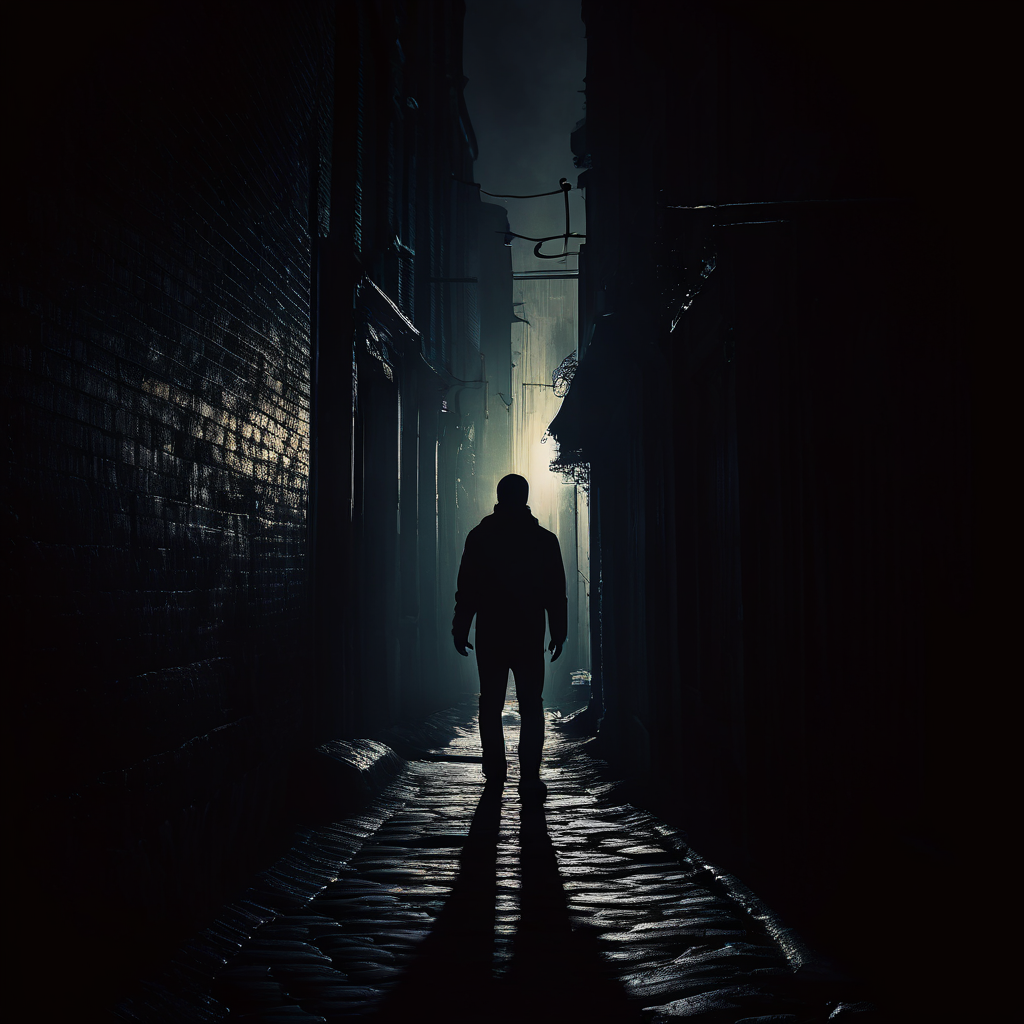 어두운 골목에서 뻗어 나온 손이 지나가는 사람의 그림자를 향하고 있어 불길하고 두려운 분위기를 자아냅니다.