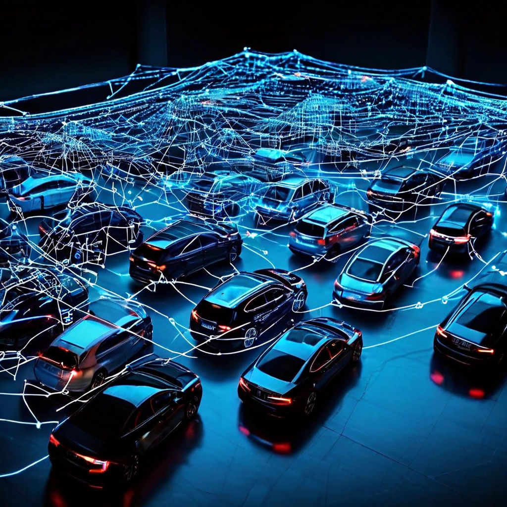 검은색 배경에 복잡하게 얽힌 빨간 실선이 위조 서류와 해킹된 컴퓨터 화면을 연결하며 범죄 네트워크를 형성한 모습이다.