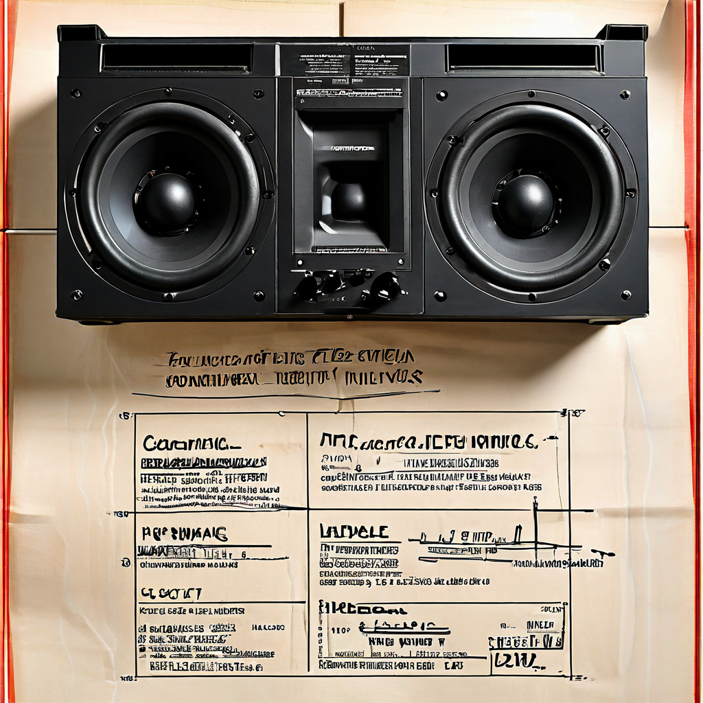 검은색 서브우퍼가 위층을 향해 놓여 있고, 그 음파 위로 형사 고소라는 문구가 적힌 서류가 겹쳐 있는 모습이다.