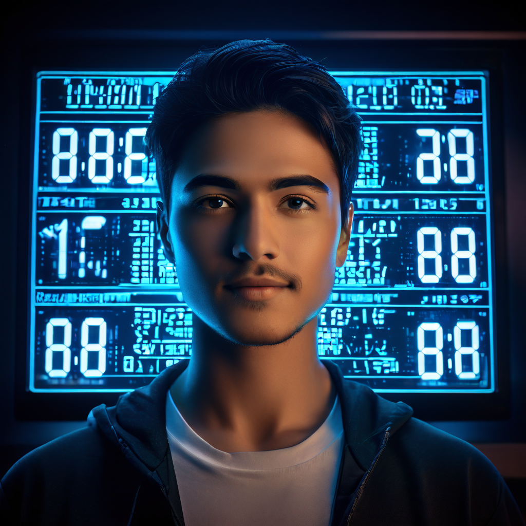 푸른 빛을 띤 디지털 점수판에 높은 점수가 표시되고, 그 화면에 결의에 찬 사람의 얼굴이 반사되어 비친 모습이다.