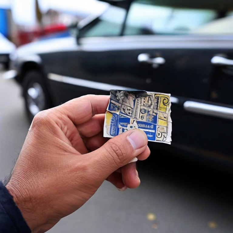 흰색 차량 유리에 붙은 노란색 주차 위반 딱지가 손에 잡아뜯겨지며 작은 조각으로만 떨어져 나가는 모습이다.