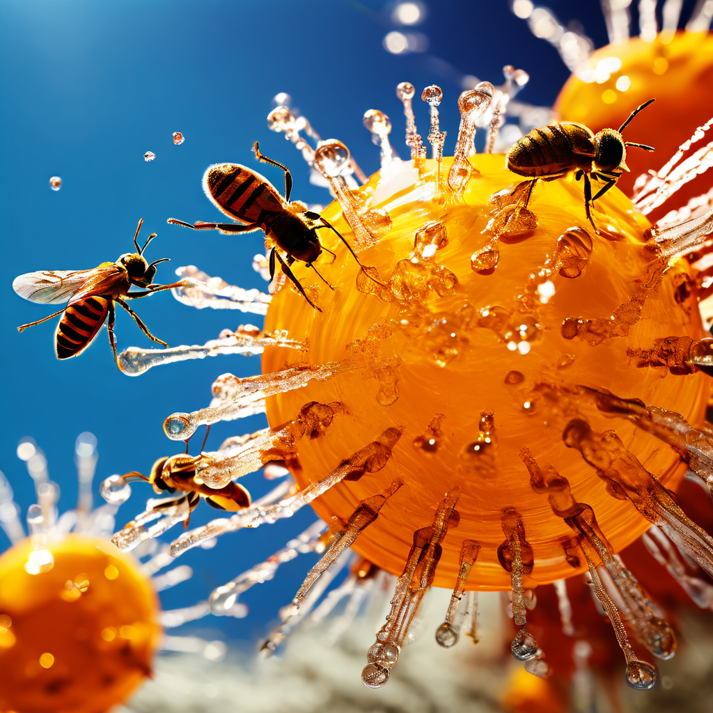 검은 배경에 노란 화학물질이 접착 결합을 공격하고 녹색 분자들이 반대편에서 부식하는 극적인 현미경 이미지이다.